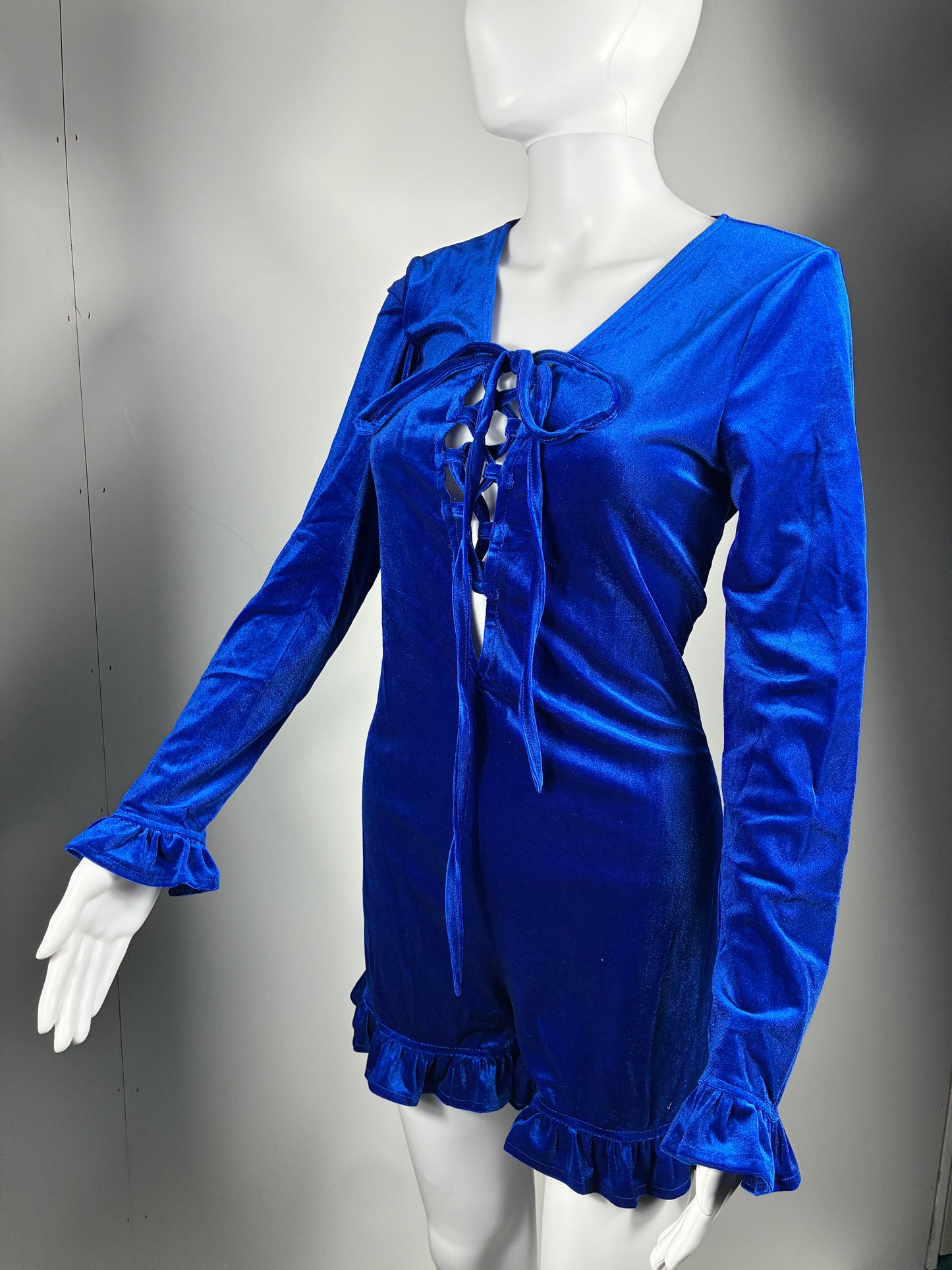 Velvet Lace-Up Mini Dress with Ruffle Sleeves