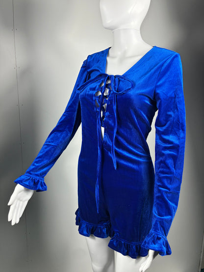 Velvet Lace-Up Mini Dress with Ruffle Sleeves