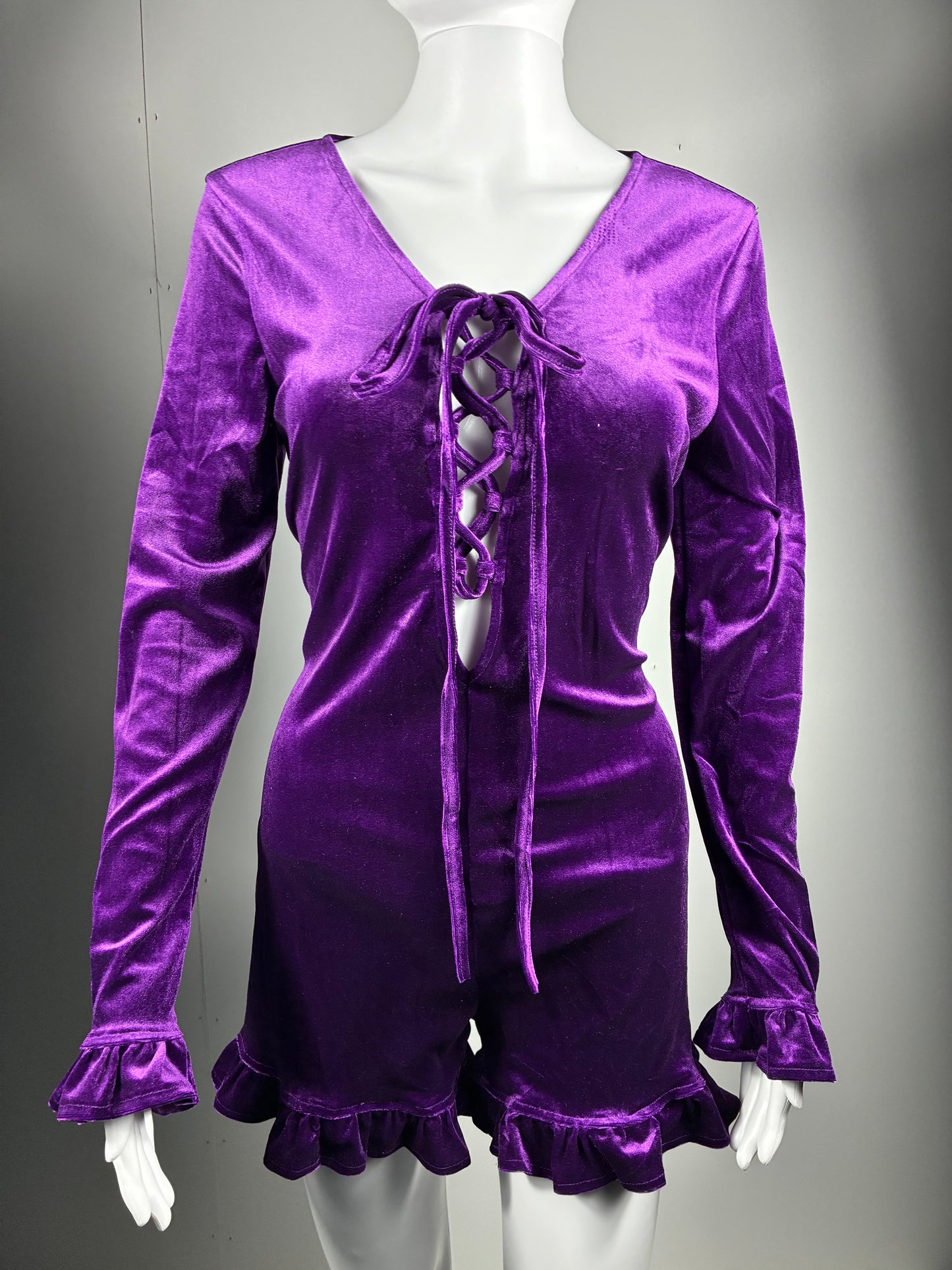 Velvet Lace-Up Mini Dress with Ruffle Sleeves