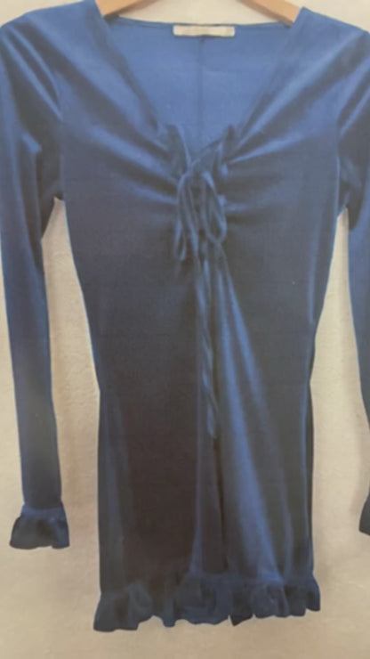 Velvet Lace-Up Mini Dress with Ruffle Sleeves